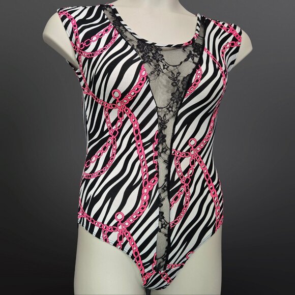 Y2K Zebra Print Bodysuit Top Size M Lace Trim Neon Trashy Mcbling Scene Gyaru - Picture 4 of 9
